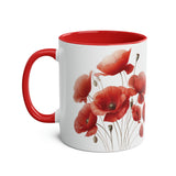 Poppies Mug, Two-Tone Coffee Mug, 11oz, red poppies, blue poppies, pink poppies