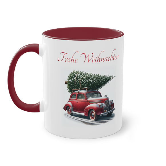 Car with a Christmas tree, Two-Tone Coffee Mug, 11oz (330 ml)