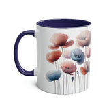 Poppies Mug, Two-Tone Coffee Mug, 11oz, red poppies, blue poppies, pink poppies