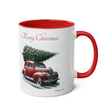 Classic Red Car with Xmas Tree, Two-Tone Coffee Mug, 11oz