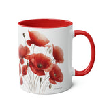 Poppies Mug, Two-Tone Coffee Mug, 11oz, red poppies, blue poppies, pink poppies