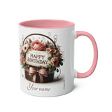 Flower Basket "Happy Birthday" Two-Tone Mug, 11oz, birthday gift, birthday present, birthday mug, for her, for him