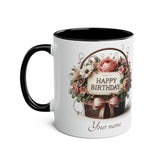 Flower Basket "Happy Birthday" Two-Tone Mug, 11oz, birthday gift, birthday present, birthday mug, for her, for him