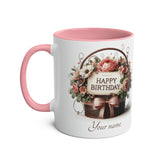 Flower Basket "Happy Birthday" Two-Tone Mug, 11oz, birthday gift, birthday present, birthday mug, for her, for him