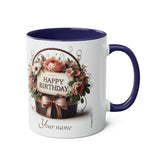 Flower Basket "Happy Birthday" Two-Tone Mug, 11oz, birthday gift, birthday present, birthday mug, for her, for him