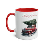 Classic Red Car with Xmas Tree, Two-Tone Coffee Mug, 11oz