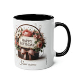 Flower Basket "Happy Birthday" Two-Tone Mug, 11oz, birthday gift, birthday present, birthday mug, for her, for him